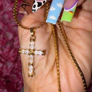 Gold Cross Pendant Necklace with Clear Stones - Women Jewelry
